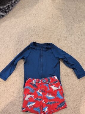 wonder nation Navy Zip Rash Guard with Red Shark Swim Shorts